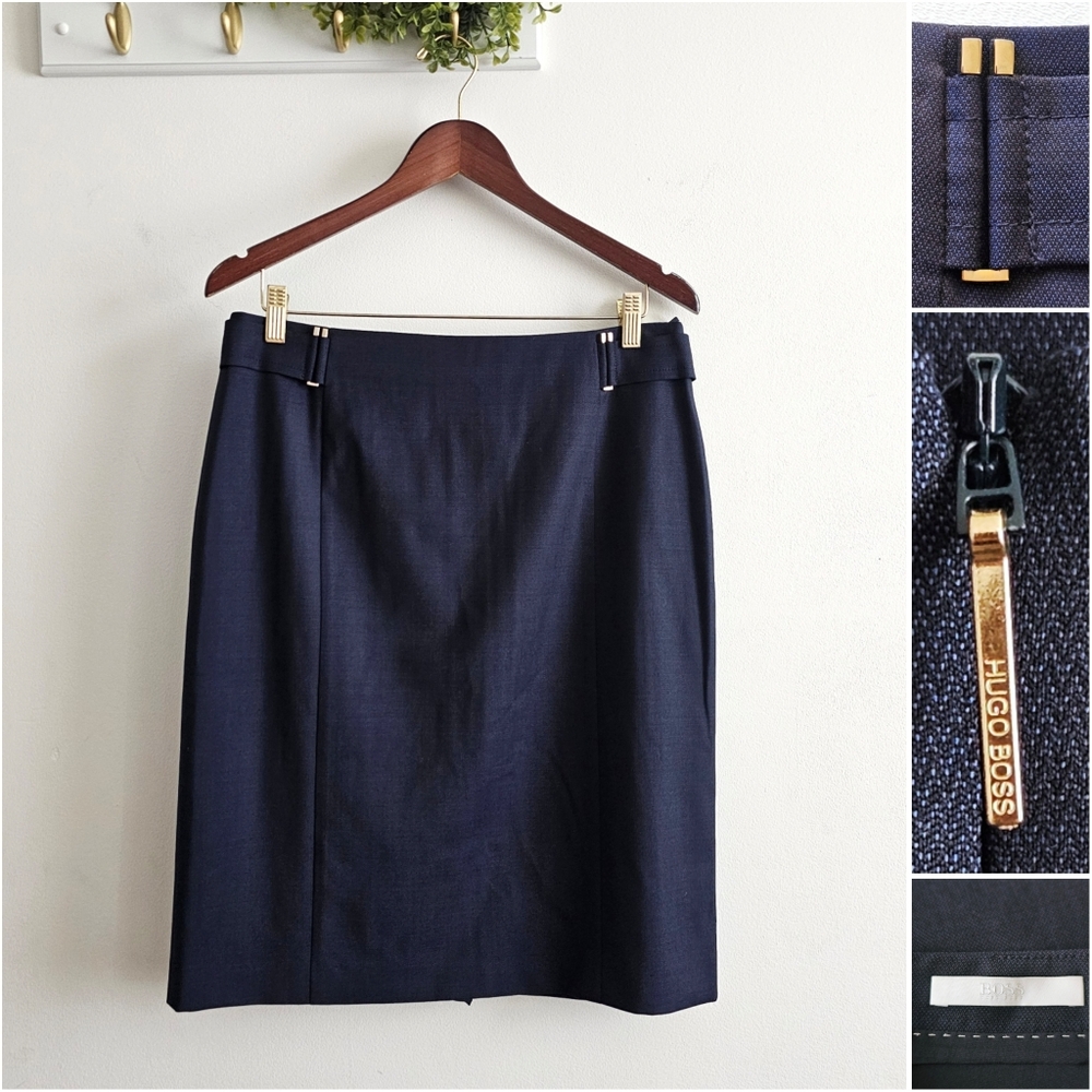BOSS Hugo Boss Vobina Virgin Wool Pencil Skirt Navy US 10 Tailored